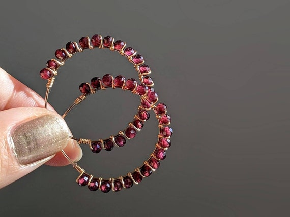 Natural Garnet Hoop Earrings Gold Garnet Earrings Garnet Hoop Earrings January Birthstone Red Gemstone Earrings Garnet Wirewrapped Hoops