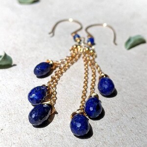 May include: Gold-tone dangle earrings featuring faceted, deep blue lapis lazuli teardrop-shaped beads. The earrings have a delicate chain design and are suspended from curved ear wires. The jewelry is displayed on a neutral surface.