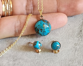 Gold Turquoise Necklace Oyster Turquoise Pendant Copper Turquoise Choker Turquoise 14K Set Necklace Turquoise 14K Jewellery Gift for Her