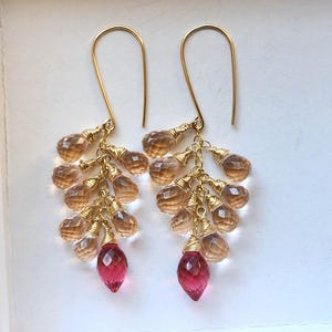 Roze kwartsoorbellen morganiet en rubelliet Roze kwartsoorbellen 14K felroze oorbellen Roze cascade-hangoorbellen Morganiet-druppeloorbellen