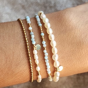 Natural Larimar Bracelet Larimar and Pearl Bracelet Larimar 14K Bead Bracelet Set Larimar Pearl Multistrand Bracelet Larimar Stone Bracelet image 9