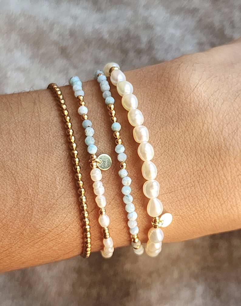 Natural Larimar Bracelet Larimar and Pearl Bracelet Larimar 14K Bead Bracelet Set Larimar Pearl Multistrand Bracelet Larimar Stone Bracelet image 9