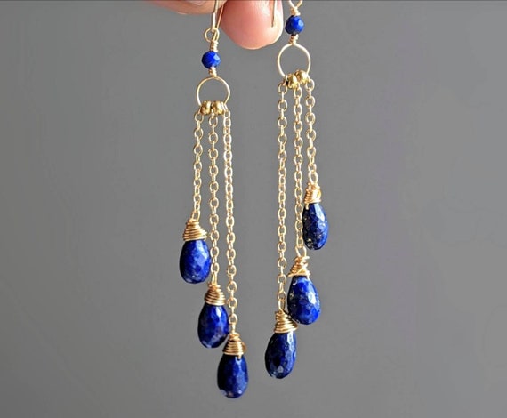 Gold Lapis Lazuli Earrings Lapis Lazuli Dangle Earrings Lapis Lazuli Long Earrings Blue Gemstone Earrings 9th Anniversary Gift for Her