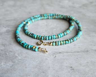 Collar de turquesa natural, collar de cuentas de turquesa, collar de oro y plata con turquesa, joyería de turquesa auténtica, collar delgado de turquesa