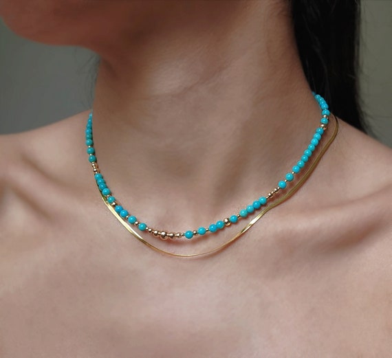 Turquoise Bead Necklace Natural Turquoise Necklace Turquoise Choker 14K Gold Turquoise Collar Turquoise Layering Necklace Bead Turquoise