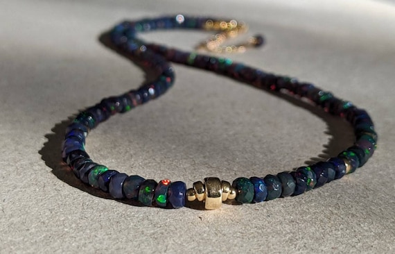 Black Fire Opal Necklace Ethiopian Black Opal Necklace 14K Black Opal Necklace Black Fire Opal Beaded Necklace Solid Gold Opal Necklace