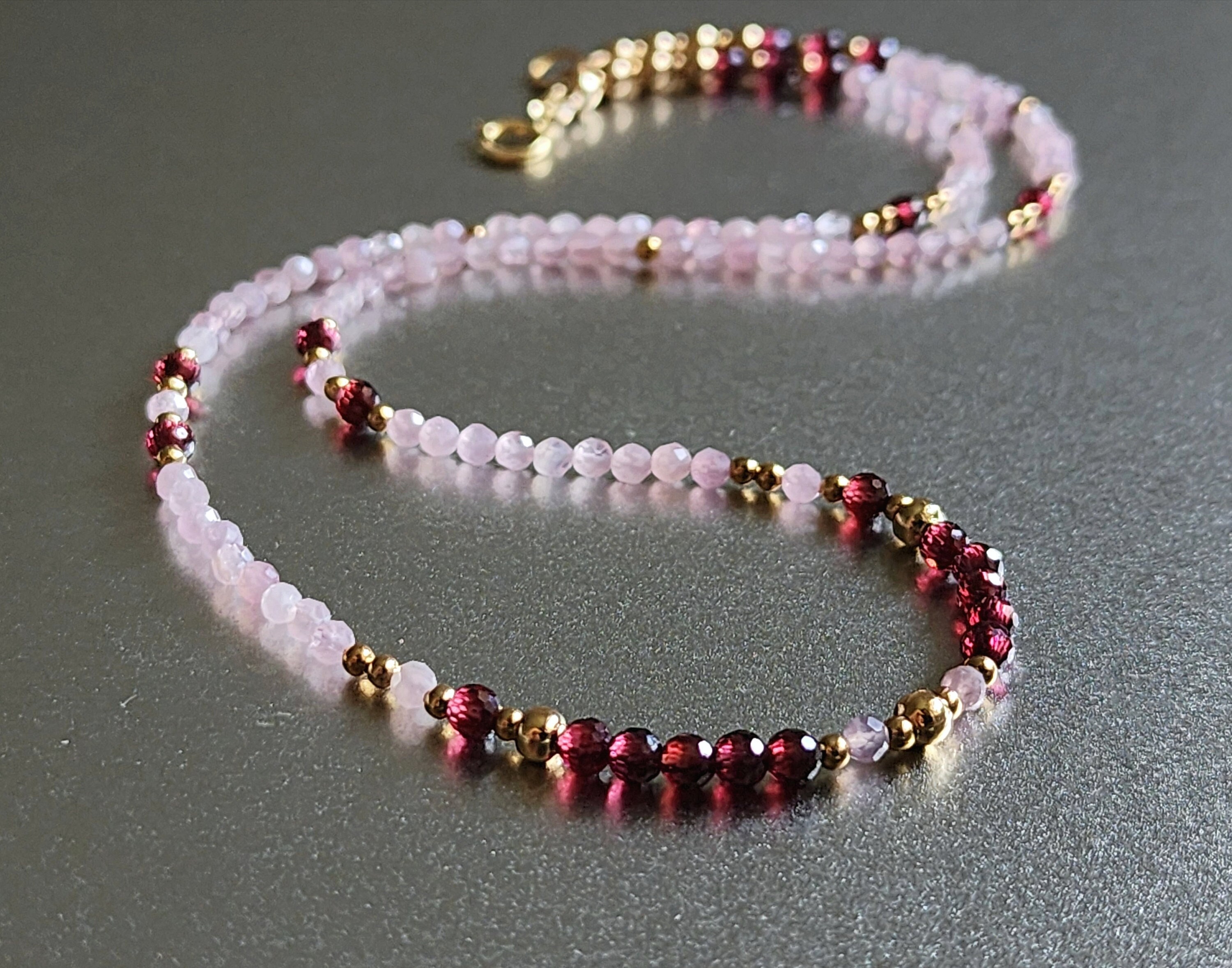 Gold Garnet Necklace Garnet Rose Quartz Necklace Red Gemstone Necklace Read and Pink Necklace Garnet Beaded Necklace Natural Garnet Choker