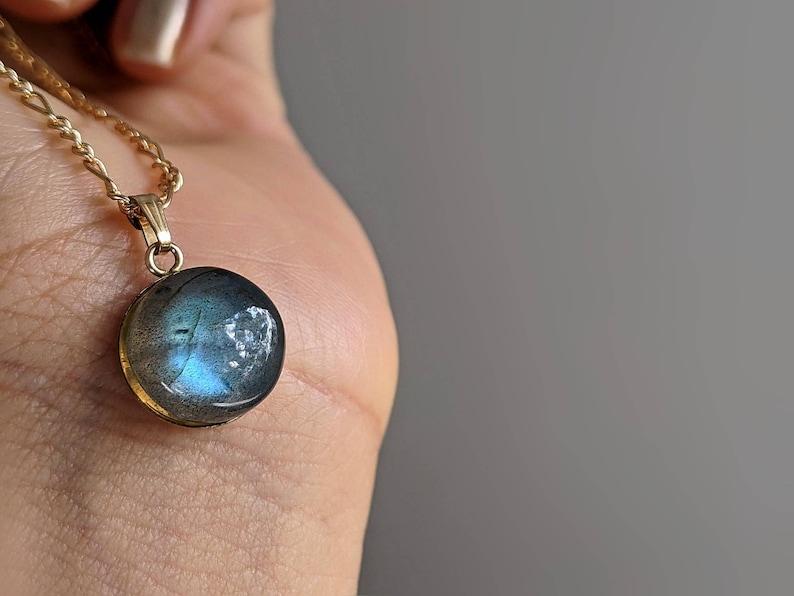 Gold Labradorite Necklace Labradorite Round Pendant Blue Flash Labradorite Pendant 14K Gemstone Necklace Natural Labradorite Necklace image 8