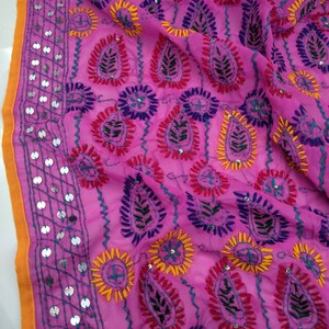 Magenta Multi Coloured Georgette Hand Embroidered Phulkari Dupatta, Scarf, Stole, Shawl