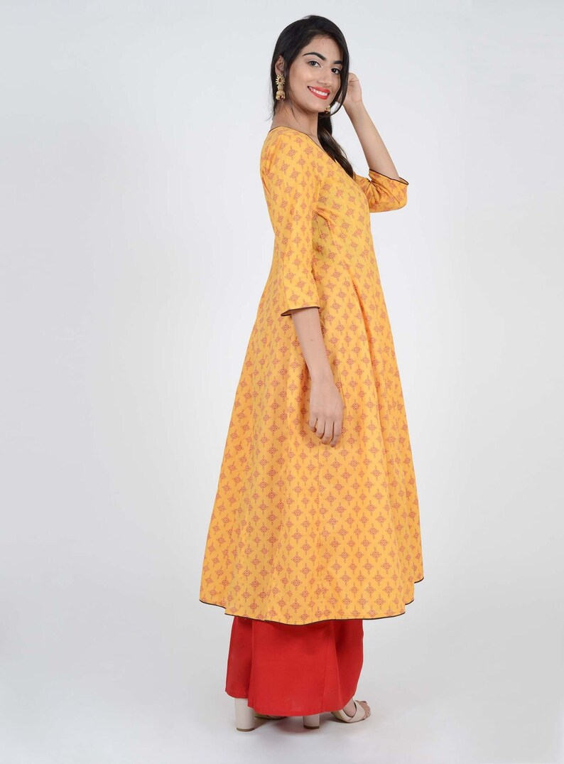 Multiple Size/'s Lounge Comfort Wear Yellow With Red Block Print Angrakha Viscose Kurti