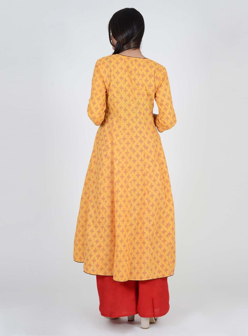 Multiple Size/'s Lounge Comfort Wear Yellow With Red Block Print Angrakha Viscose Kurti