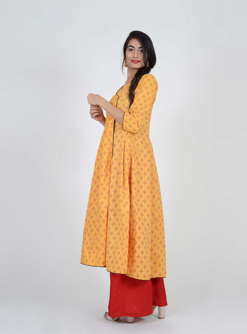 Multiple Size/'s Lounge Comfort Wear Yellow With Red Block Print Angrakha Viscose Kurti