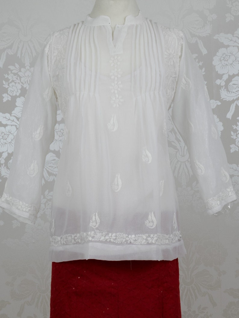 White Pleated Chikankari Georgette Kurti Top Lucknowi Dress