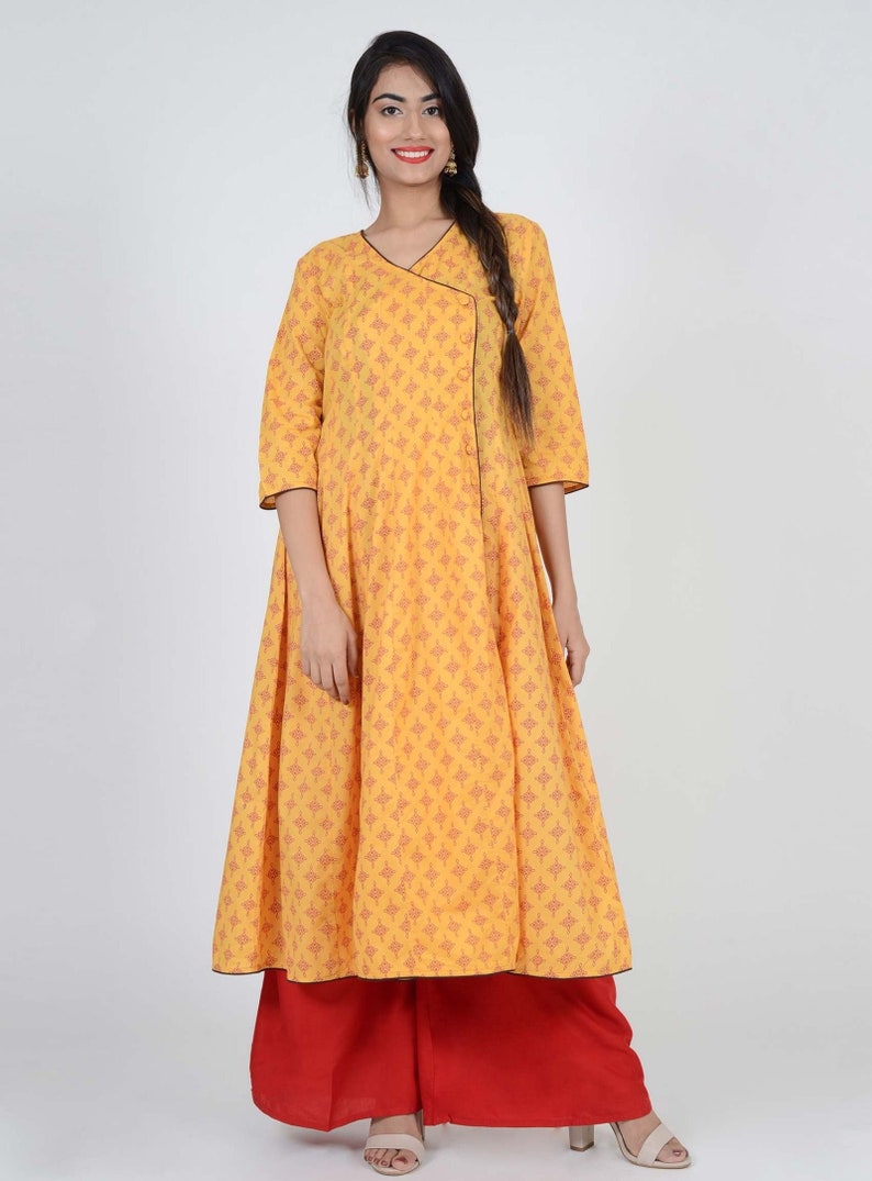 Multiple Size/'s Lounge Comfort Wear Yellow With Red Block Print Angrakha Viscose Kurti