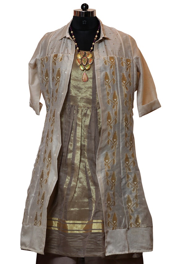 Green long silk chanderi front open sleeveless jacket set with gold do –  Kora India