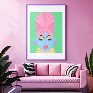Kolorowy i kiczowaty wydruk artystyczny Drag Queen do Twojego maksymalistycznego, utrzymanego w stylu połowy XX wieku domu, mieszkania lub pokoju w akademiku. Pokaż RuPaulowi, co potrafisz.