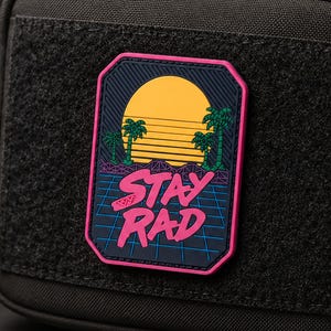 Stay Rad PVC Morale Patch, Retro 80s Vaporwave Hook Back Badge