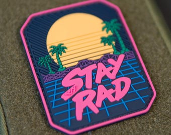 PVC Morale Patch Stay Rad | Retro 80s Neon Palm Tree | Hook & Loop Backing