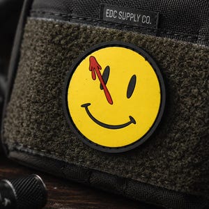 Smiley Face Patch, Red Needle PVC Morale Patch with Hook Backing