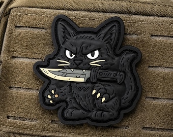 Funny Cat Morale Patch, Tactical Cat Knife PVC Badge with Hook Backing