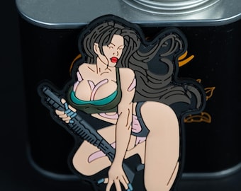 PVC Morale Patch, Tactical Pin Up Girl With Rifle, Hook Backing