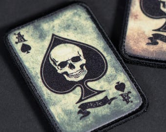 Morale Patch, Ace of Spades Skull Death Card, Sublimated Hook Backing