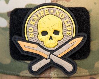 PVC Patch Aufnäher Totenkopf Skull - No Messer kein Leben | Taktisches Ausrüstungszubehör | Klettverschluss