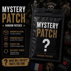 May include: A black, rectangular, resealable pouch labeled MYSTERY PATCH with a large white question mark in the center. The packaging features gold and white text detailing a random selection of patches, including themes like tactical and funny.