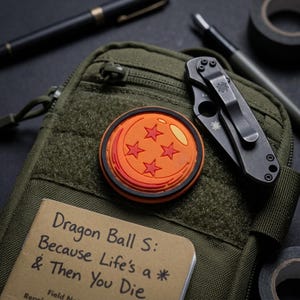 May include: An olive green tactical pouch featuring a circular orange patch with four red stars, a black folding pocket knife with a clip, and a tan notebook with the text "Dragon Ball S: Because Life's a * & Then You Die" printed on the cover.