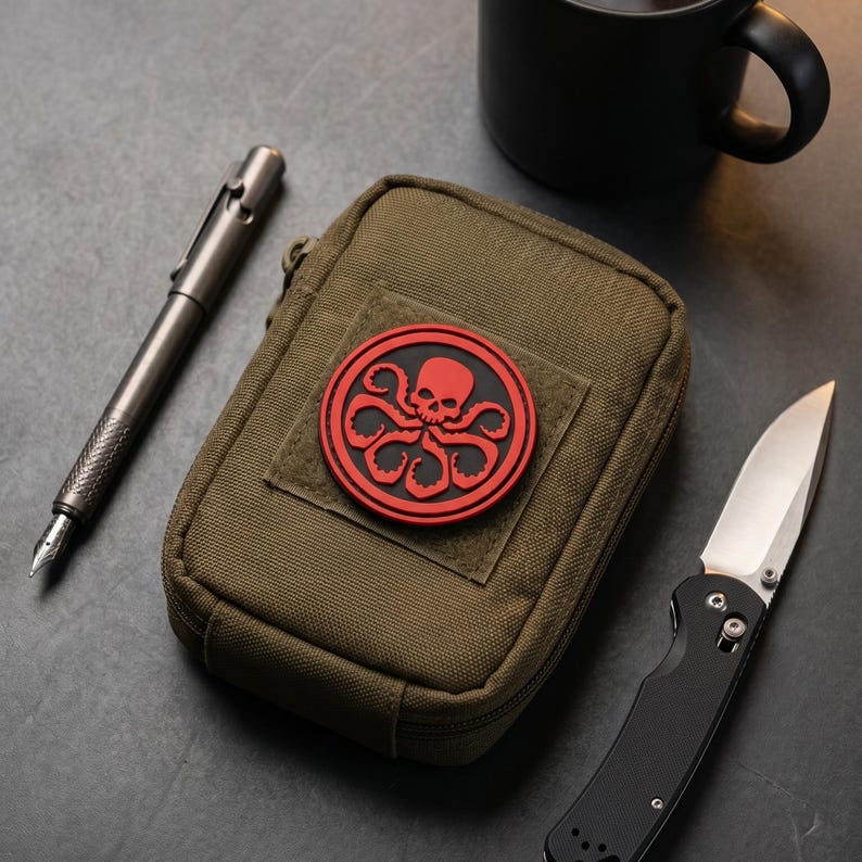 May include: An olive green rectangular zippered pouch featuring a circular red and black patch with a skull and octopus tentacle design. The pouch is accompanied by a metallic fountain pen and a folding pocket knife with a black handle.