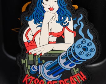 PVC Morale Patch, Kiss of Death Pin-Up Gun Girl, Hook Backing