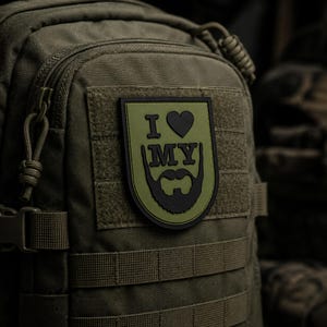 May include: An olive green tactical backpack featuring a shield-shaped morale patch. The patch has an olive green background with black text that reads I, a black heart symbol, the word MY, and a black graphic of a stylised beard and moustache.