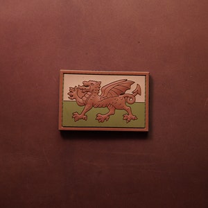 Könnte beinhalten: Ein braunes und grünes Patch mit einem roten Drachen mit Flügeln und einem Schwanz. Der Drache befindet sich auf einem weißen Hintergrund mit einem grünen Rand.