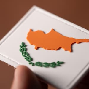 May include: A white patch with the outline of Cyprus in orange and a green olive branch.