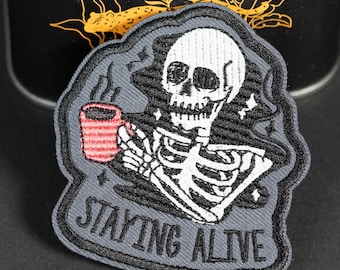 Embroidered Morale Patch, Staying Alive Coffee Skeleton, Hook Backing