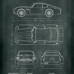 May include: A black and white line drawing of an Aston Martin DB4 GT Zagato car on a green chalkboard background. The drawing shows the car from the side, top, front, and rear views. The drawing includes the car's dimensions and performance specifications, including the engine type, horsepower, torque, and fuel capacity.
