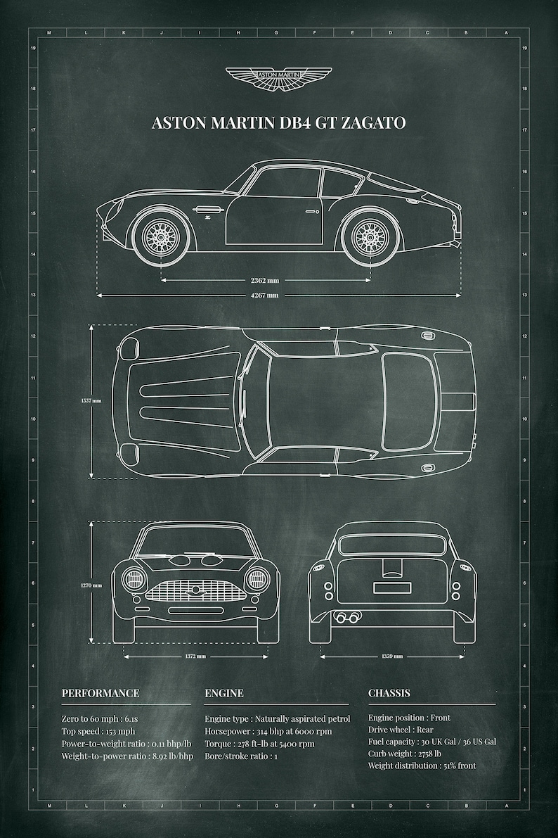 May include: A black and white line drawing of an Aston Martin DB4 GT Zagato car on a green chalkboard background. The drawing shows the car from the side, top, front, and rear views. The drawing includes the car's dimensions and performance specifications, including the engine type, horsepower, torque, and fuel capacity.