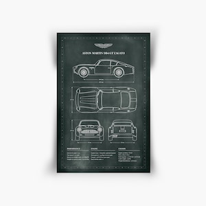 May include: A black and white line drawing of an Aston Martin DB4 GT Zagato on a chalkboard background. The drawing shows the car from the side, top, and front views. The car's specifications are listed below the drawing.