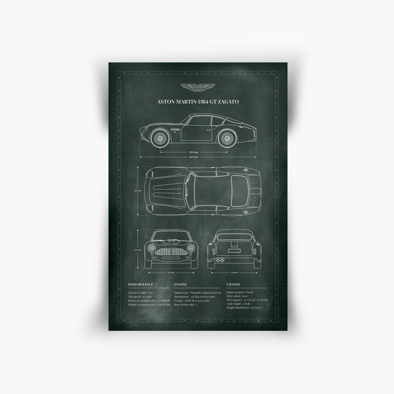May include: A black and white line drawing of an Aston Martin DB4 GT Zagato on a chalkboard background. The drawing shows the car from the side, top, and front views. The car's specifications are listed below the drawing.