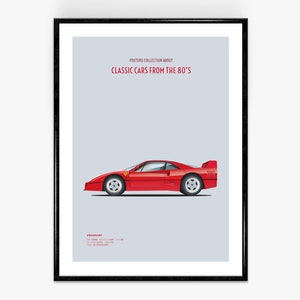 FERRARI F40 80's Poster classic car Print