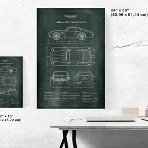 May include: A blueprint style illustration of an Aston Martin DB4 GT Zagato on a dark green background. The illustration includes the car's side, top, front, and rear views. The text "ASTON MARTIN DB4 GT ZAGATO" is at the top of the illustration.