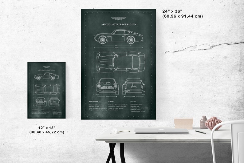 May include: A blueprint style illustration of an Aston Martin DB4 GT Zagato on a dark green background. The illustration includes the car's side, top, front, and rear views. The text "ASTON MARTIN DB4 GT ZAGATO" is at the top of the illustration.