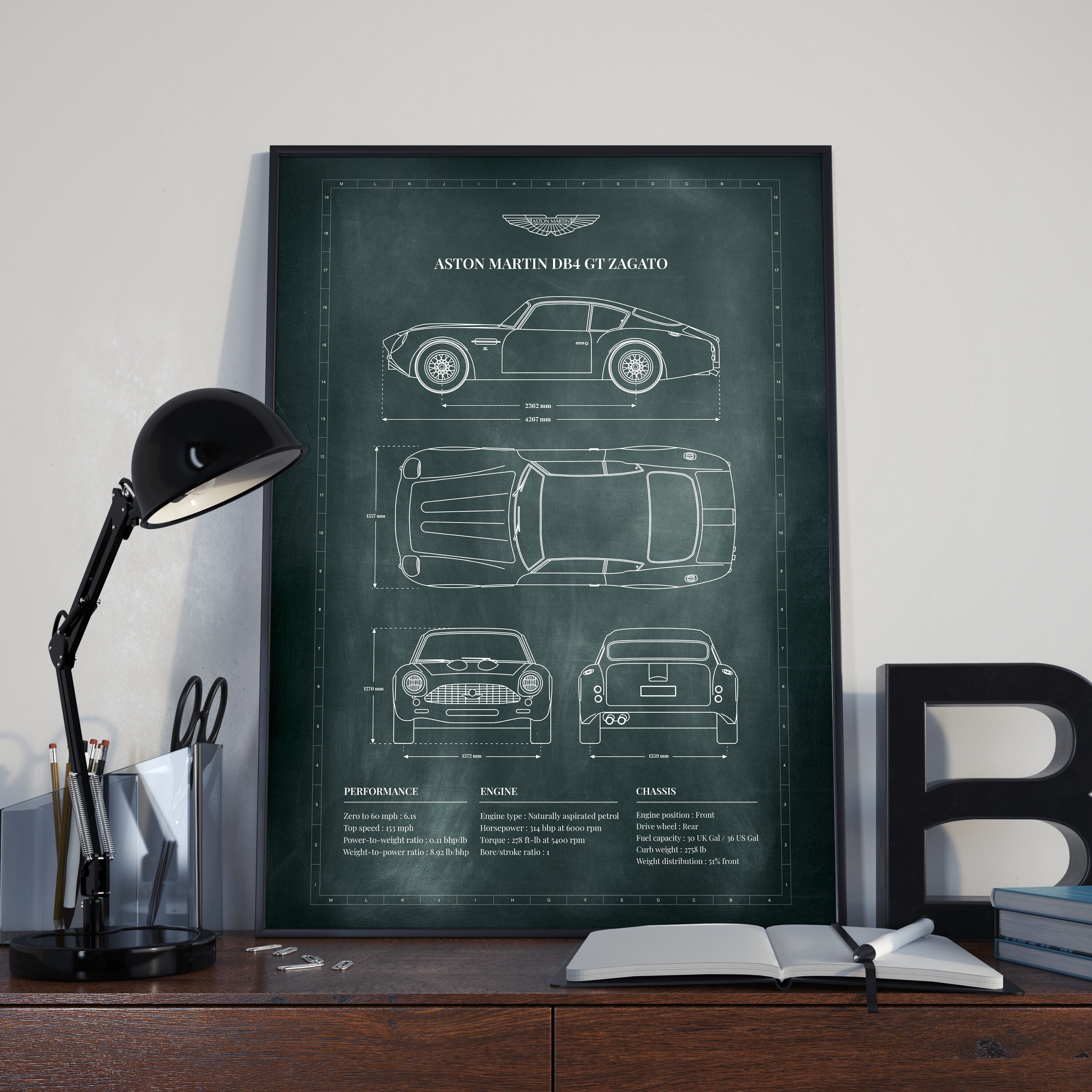 Aston Martin Db4 Gt Zagato de 1959 Schéma Plan Blueprint Poster Grand Tourisme