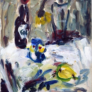 May include: Abstract oil painting of a still life with a bottle, a vase, and fruit. The painting is done in a loose, expressive style with bold colors and brushstrokes. The background is a muted gray with hints of brown and green. The foreground is dominated by a white tablecloth with a blue vase and a yellow fruit. The painting is signed "T 2004" in the lower right corner.