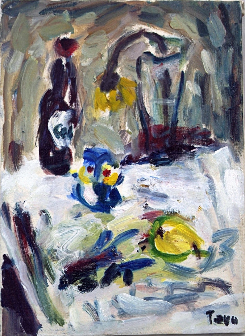 May include: Abstract oil painting of a still life with a bottle, a vase, and fruit. The painting is done in a loose, expressive style with bold colors and brushstrokes. The background is a muted gray with hints of brown and green. The foreground is dominated by a white tablecloth with a blue vase and a yellow fruit. The painting is signed "T 2004" in the lower right corner.