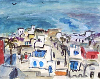 Pueblo costero azul y blanco (Marruecos) / enmarcado