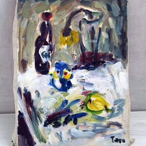 May include: Abstract oil painting on canvas featuring a still life with a bottle, a vase, and fruit. The painting is done in a loose, expressive style with bold brushstrokes and vibrant colors.