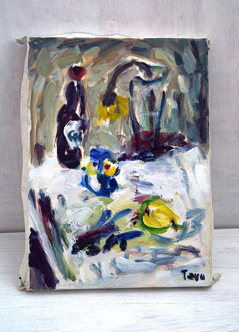May include: Abstract oil painting on canvas featuring a still life with a bottle, a vase, and fruit. The painting is done in a loose, expressive style with bold brushstrokes and vibrant colors.