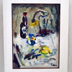 May include: A still life painting featuring a bottle, a glass, and fruit. The painting is done in a loose, expressive style with bold brushstrokes and vibrant colors. The artist's signature, "Taya", is visible in the lower right corner.