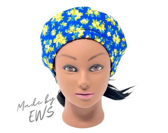100% Cotton Adjustable Beret Hat Blue Yellow Floral Cap for Women Natural Hair Friendly Handmade